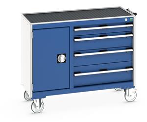 Bott Cubio Mobile Cabinet with Top Tray - 4 Drwrs & 1 Cupbd Bott MobileIndustrial Tool Storage Trolleys 1050mm x 525mm 41006012.11v Gentian Blue (RAL5010) 41006012.24v Crimson Red (RAL3004) 41006012.19v Dark Grey (RAL7016) 41006012.16v Light Grey (RAL7035) 41006012.RAL Bespoke colour £ extra will be quoted